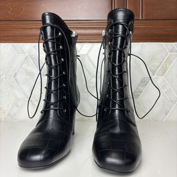 41/10 Black Leather Croc Round Toe Lace Up Zip Block Heel Ankle Boot Bootie - Picture 2 of 12